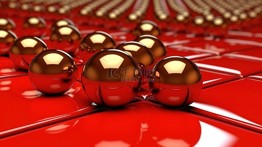 未来派 3D 渲染红色表面上的镀金红色球体