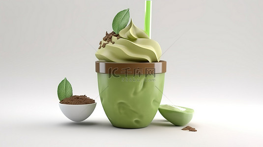 卡通风格 3d 渲染软巧克力绿茶冰淇淋在白色背景中隔离的外卖杯中