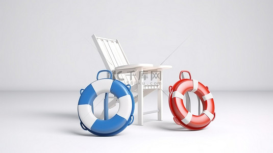 白色和蓝色沙滩躺椅，白色背景上带有 3D 渲染的救生圈