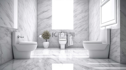 现代浴室设计，配有大理石印花瓷砖墙和时尚的白色厕所 3D 渲染