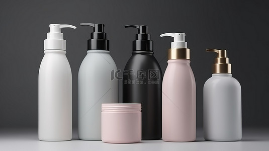 卫生用品背景图片_空白 3D 渲染包装中的一组化妆品瓶模型