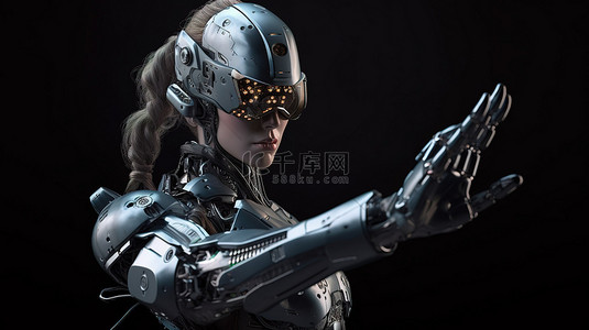 女模特背景图片_戴着护目镜并用手指指着的女性机器人的数字插图