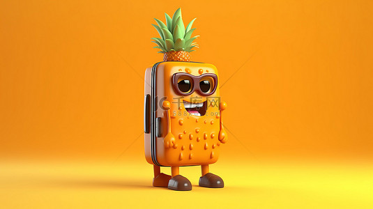 欢快的时髦菠萝角色，配有橙色旅行行李箱，设置在充满活力的黄色背景 3D 渲染的卡通插图上