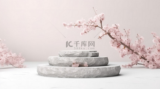 品牌推广方案背景图片_以盛开的樱花树为背景的发光石台 用于产品展示和品牌推广的 3D 渲染