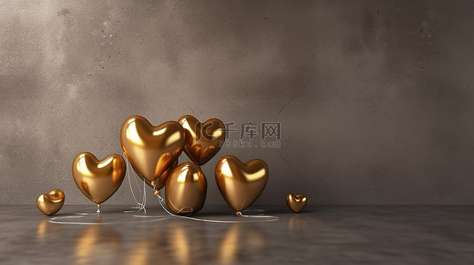 金色背景图片_金色心形气球在棕色混凝土背景 3D 渲染水平横幅上庆祝新年