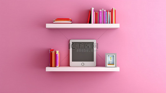 方形背景横幅的 3D 插图，在粉红色的墙架上配有数字平板电脑