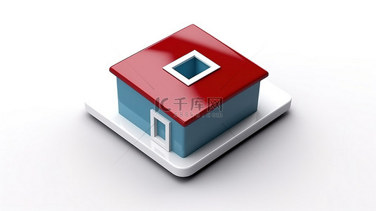 装修家庭背景背景图片_隔离在白色背景 3d 生成方形白色按钮图标和蓝色房子与红色屋顶