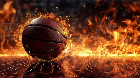 红色火焰背景图片_球场上炽热的篮球 3d 渲染