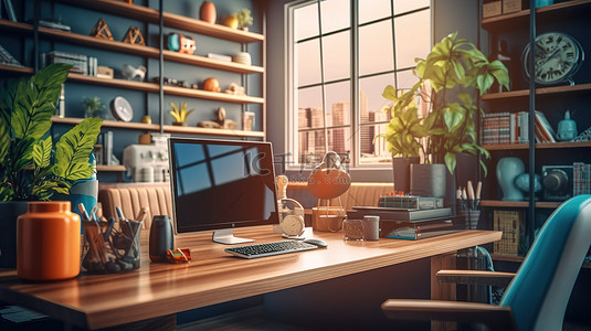 办公背景图片_复古风格的家庭办公室工作空间概念，具有 3D 渲染特写