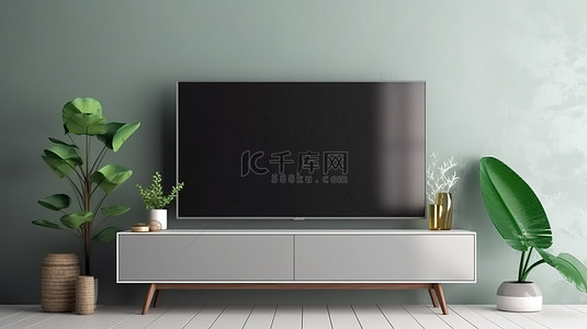 LED面板背景图片_带有空白屏幕 LED 电视样机的平板智能电视的真实 3D 渲染