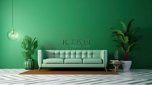 3D 渲染客厅采用中世纪现代室内设计和充满活力的绿色图案墙背景