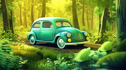 交通插画背景图片_森林探险3D插画卡通车
