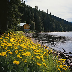 农村大屋压小屋背景图片_水边的一间大小屋，开着黄色的花朵