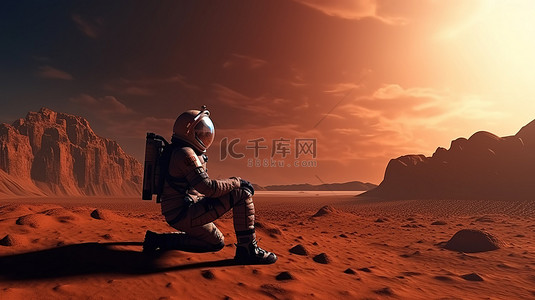 宇航员在火星上休息，周围是引人注目的太空风景 3D 插图