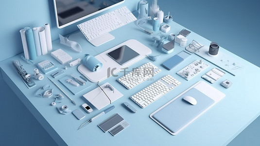 鼠蓝色背景图片_蓝色背景文具的电脑和平板电脑配件创意平躺 3D 渲染高效工作空间