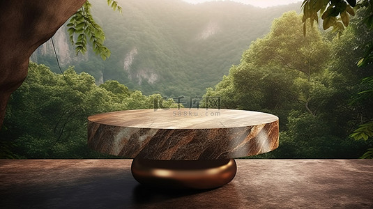 自然背景与 3D 渲染的棕色大理石桌子非常适合产品展示和定制文本