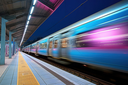 变频化火车背景图片_夜间，一列通勤列车快速穿过车站