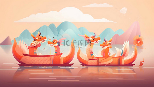龙卡通形象背景图片_端午节水上龙舟红色的吉祥物
