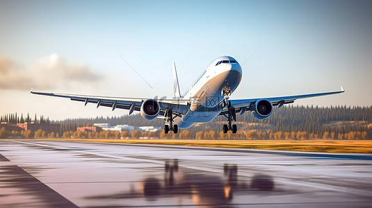 飞机拉旗背景图片_飞机在机场跑道上着陆或起飞的 3D 渲染