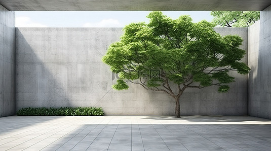 宁静的庭院绿洲郁郁葱葱的草坪和被混凝土墙包围的参天大树的 3D 渲染