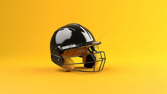 3D 板球头盔模型，在黄色背景上具有逼真的渲染
