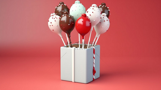 圣诞蛋糕流行音乐的 3D 插图，配有白色糖霜彩色气球和红色礼品盒