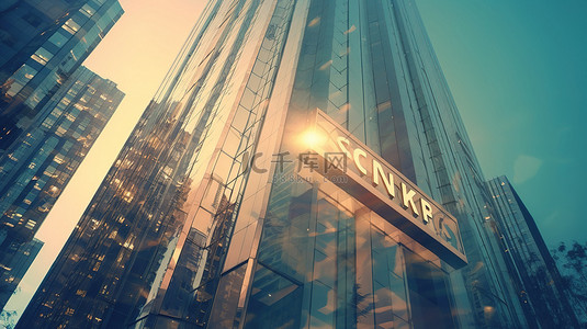 中心银行背景图片_现代玻璃摩天大楼拥有银行标志镜像天空和代表商业和金融的城市 3D 插图