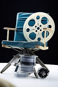 一把白色的椅子，上面有相机胶片和胶片卷轴