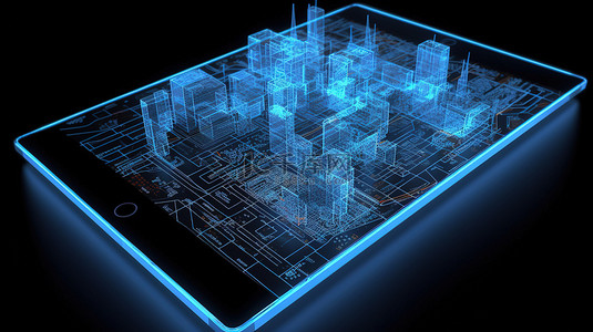 带有数字平板电脑的充满活力的蓝白城市线框是技术进步的视觉表现