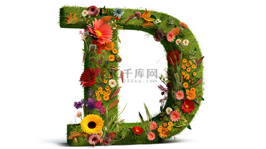 绿草地鲜花背景图片_白色背景上花卉和草字母 q 的 3d 插图