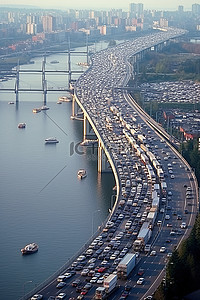 高速公路背景图片_繁忙的高速公路和城市水上桥梁的鸟瞰图