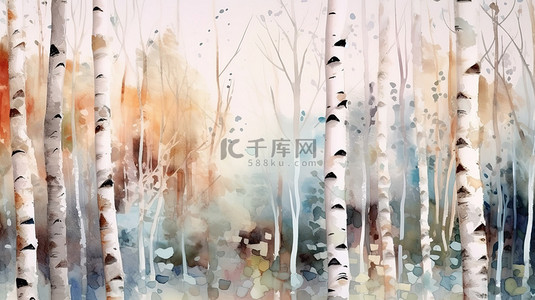 冬季白桦林抽象背景水彩画笔描边和 3D 树干的图形混合
