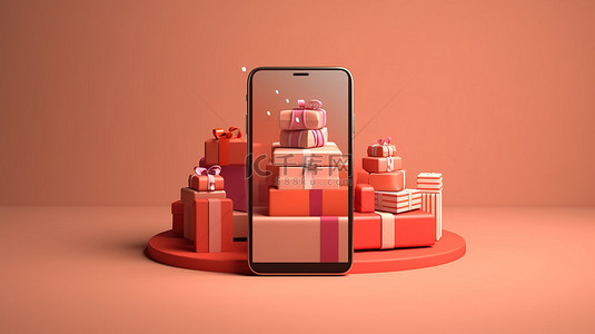 购物网页背景图片_3D 渲染插图电子商务网页横幅，配有智能手机礼品盒和百分比