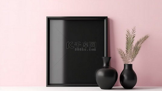 带框背景背景图片_粉红色架子上的垂直黑色相框 3D 插图模型模板，带空白背景