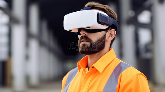建筑师穿上反光背心白色头盔和 3D VR 眼镜
