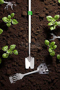地面种植工具和绿色植物