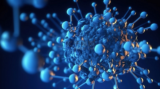 医学运动背景图片_蓝色背景上运动中连接的粒子和原子的 3D 渲染
