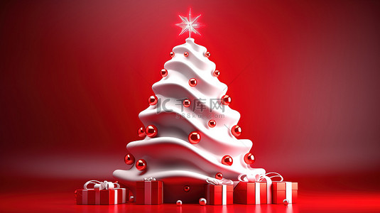 新年快乐背景图片_欢快的节日文字，红色背景和白色圣诞树，令人惊叹的 3D 图形插图，非常适合寒假