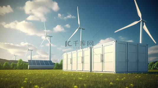 彻底改变能源存储 可再生发电厂太阳能电池板风力涡轮机和电池容器的 3D 渲染