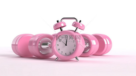 女性饮食健康背景图片_3d 渲染孤立白色背景的插图，带有粉红色哑铃和闹钟