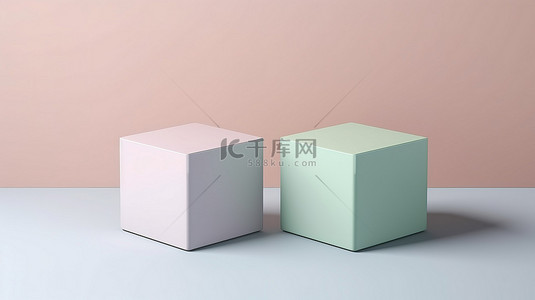 两个方形幻灯片礼品盒的 3D 插图，在模型模板中呈现柔和的口音
