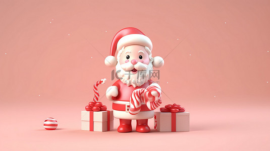 异想天开的 3D 圣诞老人与礼品盒糖果手杖驯鹿在节日场景