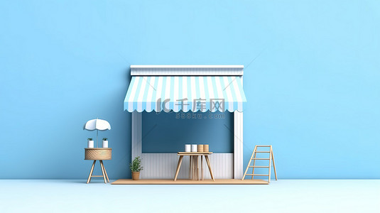 商业商店概念的蓝色 3D 插图上的空白招牌