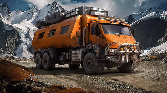 坚固耐用的大橙色探险卡车专为远程越野 3D 渲染而设计