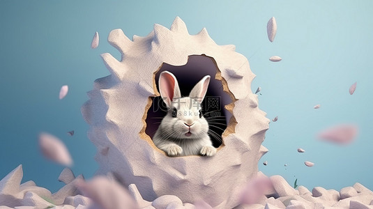 兔子耳朵背景图片_3D 插图，复制空间复活节兔子耳朵从洞里弹出