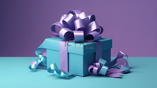 迷人的紫色礼品盒，配有 3D 插图缎带蝴蝶结和蓝色背景，非常适合节日礼品套装