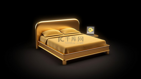 哑光金板中的床图标，带有金色床符号的 3D 渲染