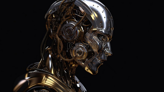 以金属 3D 呈现的女性机器人或机器人的侧视图