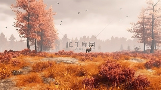 令人惊叹的雾蒙蒙的秋天风景，3D 中的宁静和自然狂野之美的迷人视觉