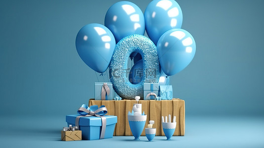 3d 渲染蓝色生日蛋糕与气球和礼物在 70